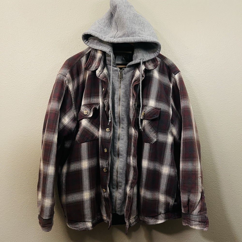 VTG Field & Stream Plaid Jacket Hoodie Chore Work Lined Burgundy Gray Sz XL READ